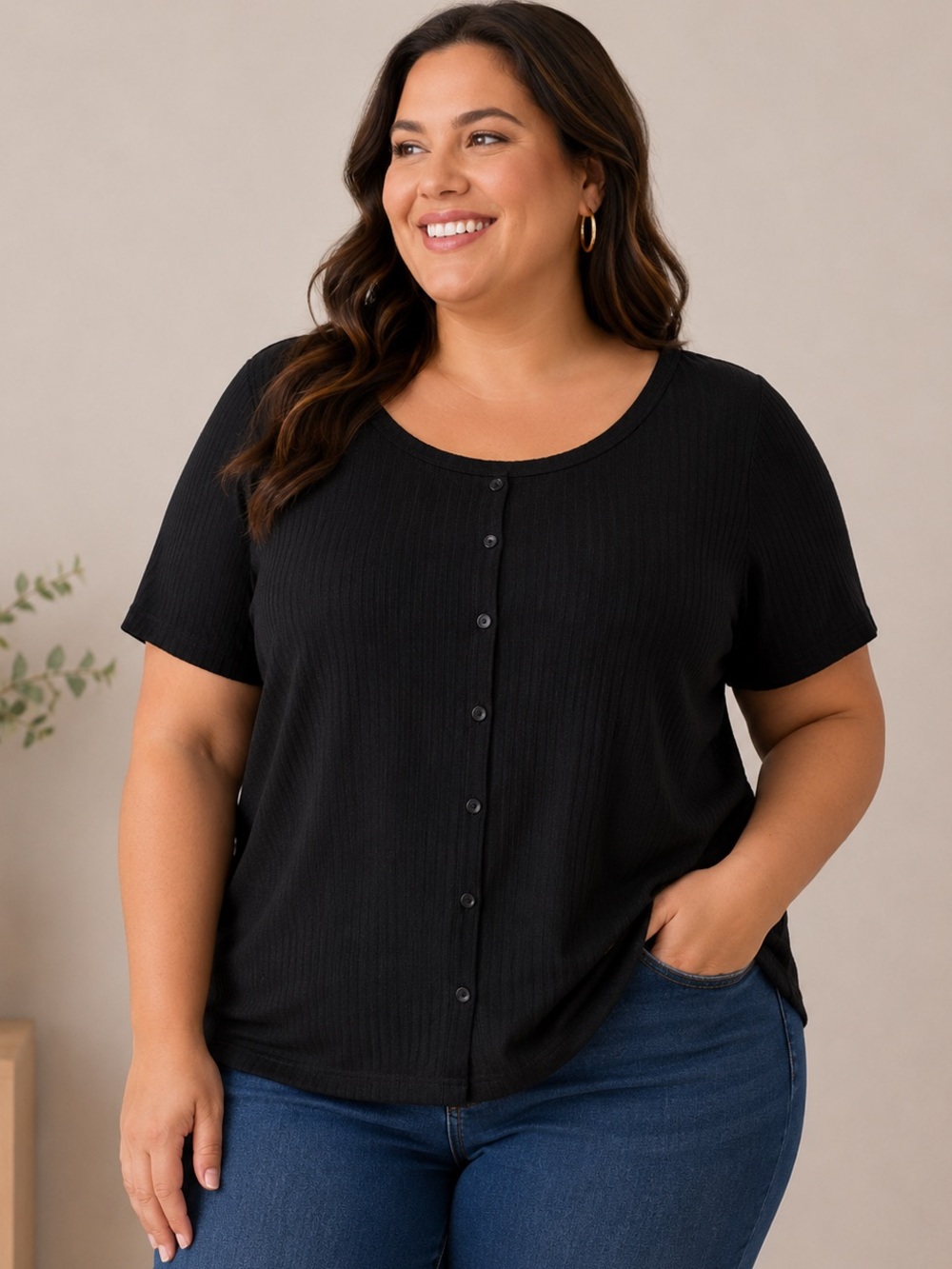 Lane Bryant Button Front Tee - Black - Size US 16